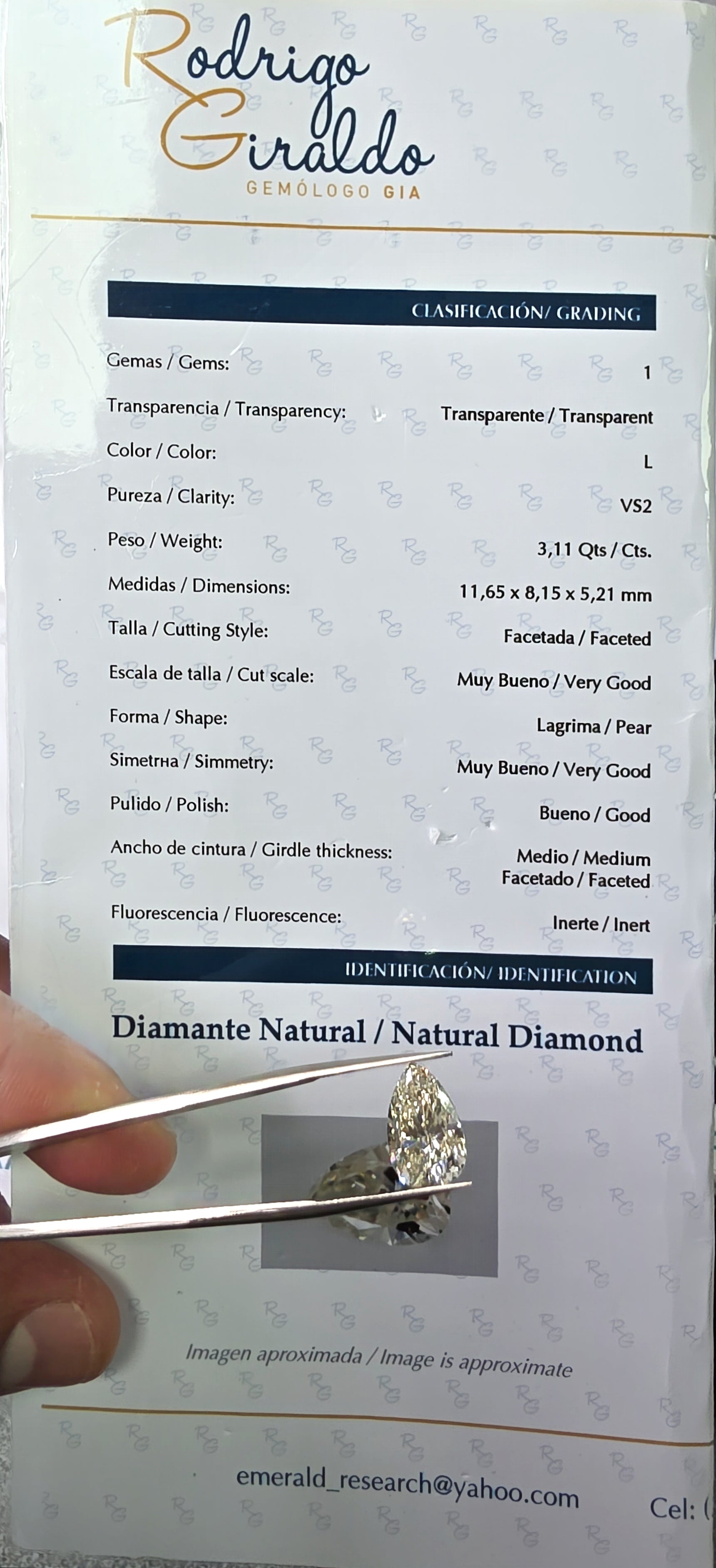 Diamante Natural 11m Corte Lagrima/ Color L /  calidad vs2